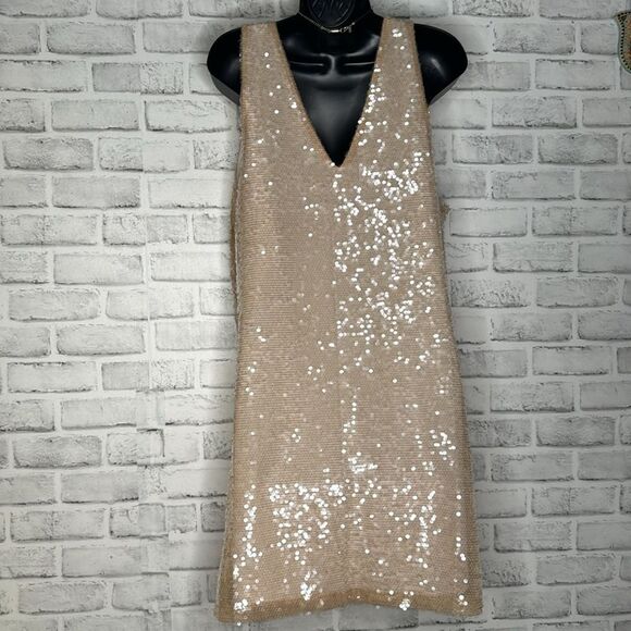 A New Day Cream Sequin V-Neck Sleeveless A-Line Mini Dress Size Large - Picture 6 of 7